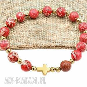 bransoletka różaniec na rękę jaspis cesarski koralowy, koraliki kamienie
