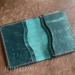 ręcznie robione turkusowy portfel na karty ze skóry ręcznie uszyty