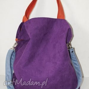 handmade na ramię torba hobo XXL - fiolet, pomarańcz, szaroniebieski