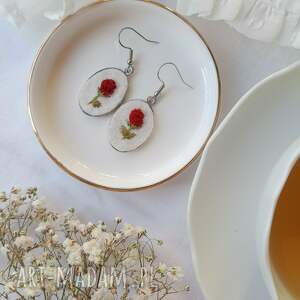 kolczyki bordowe róże ogrodowe owalne duże, róża, haftowana biżuteria, vintage