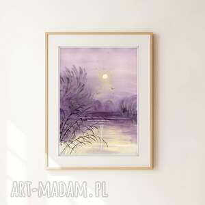 oryginalna akwarela A4 zachód słońca, sztuka, trawy, szuwary, obraz