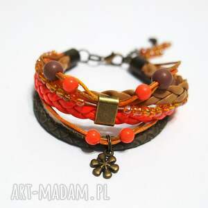 Bransoletka z rzemieni - pomarańczowy kwiat handmade