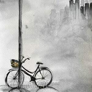 dekoracje mgła w mieście akwarela artystki adriany laube rower pejzaż miejski