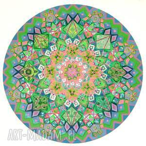 mandala różowo - zielono niebieska, kolorowy obraz, malarstwo, medytacja zen