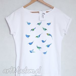 handmade bluzki ptaki koszulka bawełniana biała l/xl