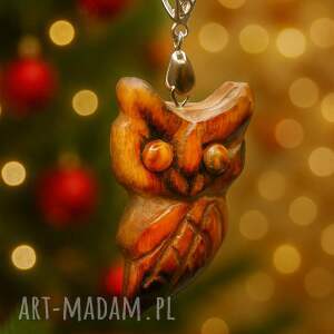 ręcznie rzeźbiony wisiorek - sowa i tygrysie oko elegancka biżuteria drewniana