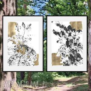ajan-art: Zestaw grafik botanical art wymiary: 2 x (30cm x 21cm) natura, abstrakcja dyptyk, złocone