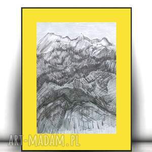 czarno biały rysunek 30x40, górski pejzaż malowany ręcznie, nowoczesny rysunek z górami