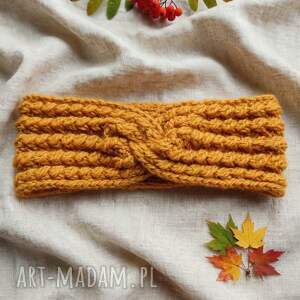 Musztardowa opaska merino na głowę z warkoczem handmade
