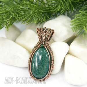 wisiorek z zielonym agatem wire wrapping, biżuteria artystyczna szmaragd nilu