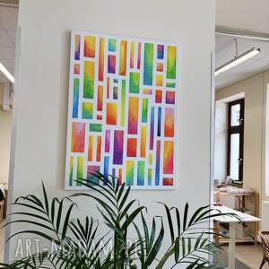Obraz 75x55 Geometria Szczęścia - radosne pastele olejne, multikolor - tęczowy klimat do domu