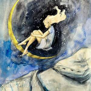 sen nastrojowa akwarela artystki adriany laube - marzenie senne, noc, księżyc