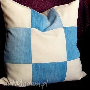 ręcznie wykonane poduszki jeansowa szachownica - niebieski - ecru