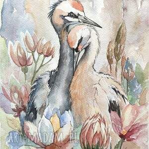 Oryginalna akwarela z żurawiami 24 x 32 cm - W objęciach natury