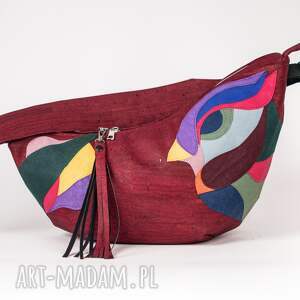 handmade na ramię unikatowa bordowa torba z naszywanym wzorem rajski ptak