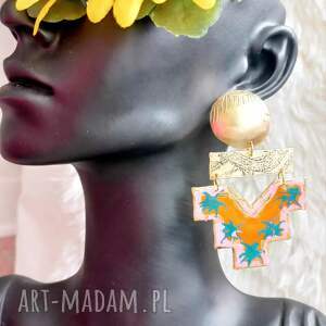 efektowne,długie mosiężne kolczyki styl aztecki, biżuteria