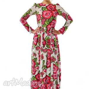 milita nikonorov damroka - szyfonowa suknia w czerwone kwiaty długa