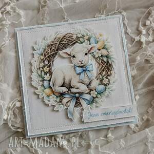 kartka wielkanocna z barankiem i wiankiem, kartka z barankiem, świąteczna