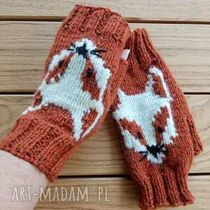 handmade rękawiczki rękawiczki z liskiem/mitenki ciepłe na jesień/rude z białym