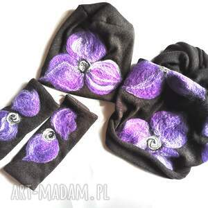 chustki i apaszki czarny wełniany komplet w kwiaty idealny na zimę filcowany