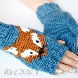 rękawiczki z liskiem mitenki ciepłe na jesień niebieskie rękawiczki