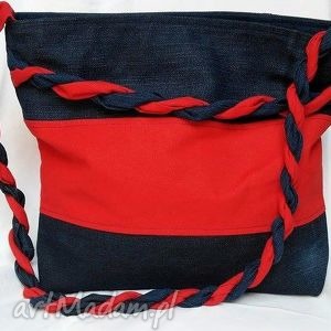 handmade na ramię torba z recyklingu jeansu z czerwoną pleciokną
