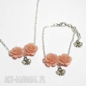 komplet 2 - róża pudrowy róż motyl koral naszyjnik, bransoletka, biżuteria