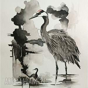 w kręgu opieki, akwarela 24 x 32 cm, żuraw, żurawie, zwierzęta, ptaki