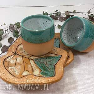 handmade ceramika ceramiczna czarka-kubek z podstawką - liść
