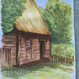 Akwarela Chata Wiejska Drewniana Skansen Polska Architektura Ludowa A3
