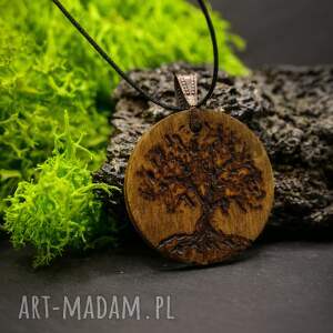 drewniany wisiorek - ręcznie wypalany naszyjnik, zawieszka, motyw natury