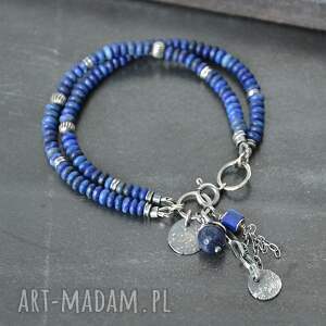 dwurzędowa bransoletka z lapis lazuli, srebro oksydowane, surowa biżuteria