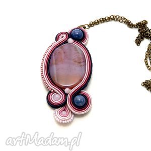 wisiorek sutasz z agatem, soutache, różówy, elegancki duży