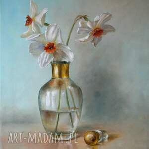 żonkile w wazonie, ręcznie malowany obraz olejny na płótnie kwiaty sztuka