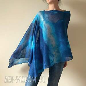 Narzutka lniana poncho Blue i turkus - ręcznie robiona, one size