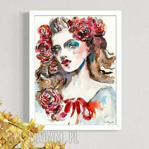 Roses, akwarela na papierze, portret kobiety, róże, obraz akwarelowy