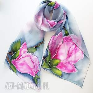 hand-made szaliki malowany jedwabny szal - magnolie