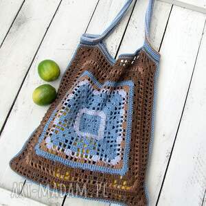 handmade bawełniana szydełkowa torba, siatka na ramię. Niebiesko