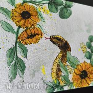 Akwarele LATO Miesiące Krajobraz Rośliny wianek słoneczniki wąż