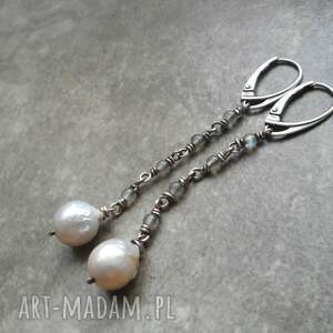 kolczyki z perłą i labradorytami, perły hodowlane, srebro 925