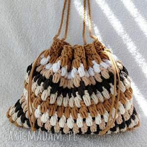 Sznurkowa torebka - sakiewka na ramię w kolorowe paski - handmade art-Madam.pl