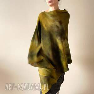 poncho narzutka z wełny merino w ciepłych zieleniach, ponczo, tunika unikat
