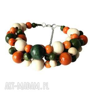 bransoletka drewniana handmade masywna pomarańćz zieleń krem
