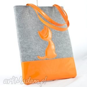 duża szara torebka z filcu - pomarańczowym kotkiem A4, filcowa, kotek, torba