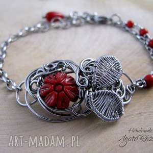 handmade bransoletka z kwiatkiem, koral czerwony, wire wrapping