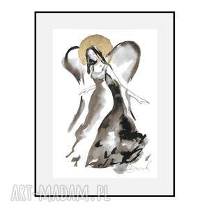 skrzydlaty ze złotem - ręcznie tworzona grafika 21cm x 30cm, anioł