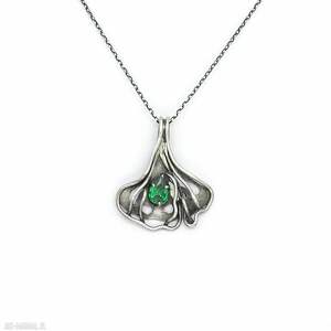 srebrny naszyjnik liść miłorzębu z cyrkonią biżuteria ginkgo, zielony kryształek