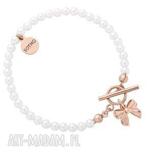 handmade bransoletka z białych pereł swarovski® crystal z kokardką z różowego