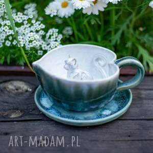 ręcznie zrobione ceramika filiżanka z kotem - niebieski mech - serce - rękodzieło - 270
