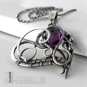 purple heart srebrny naszyjnik z ametystem, wirewrapping, serce, prezent